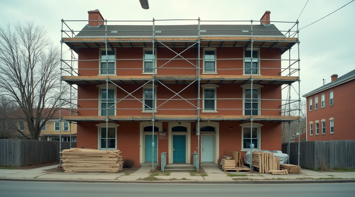 Partially renovated rental property with scaffolding on brick facade, mid-construction investment property