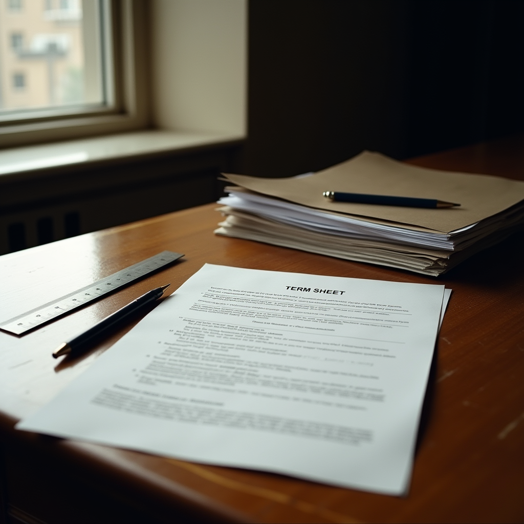 Loan documents and term sheet on a desk representing the review process for a bridge loan