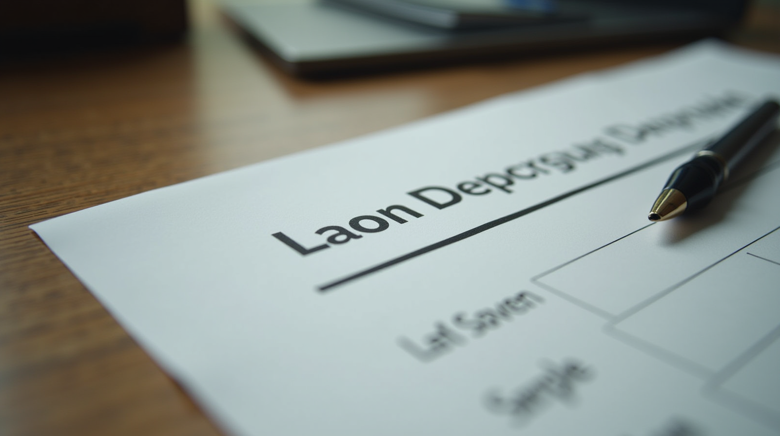 Blank document on oak desk beside a pen, representing loan terms under review