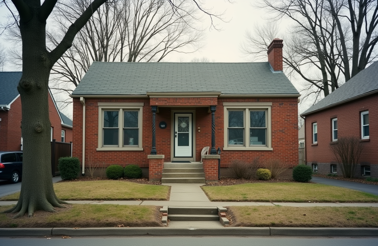 Brick single-family rental property with newly installed windows on a quiet residential street