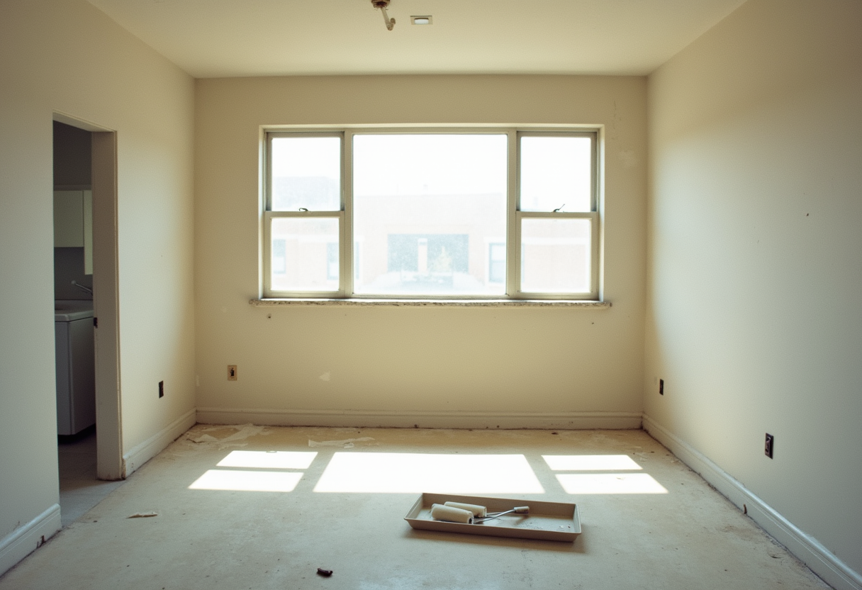 Vacant rental unit interior mid-renovation with fresh paint and tools on the floor