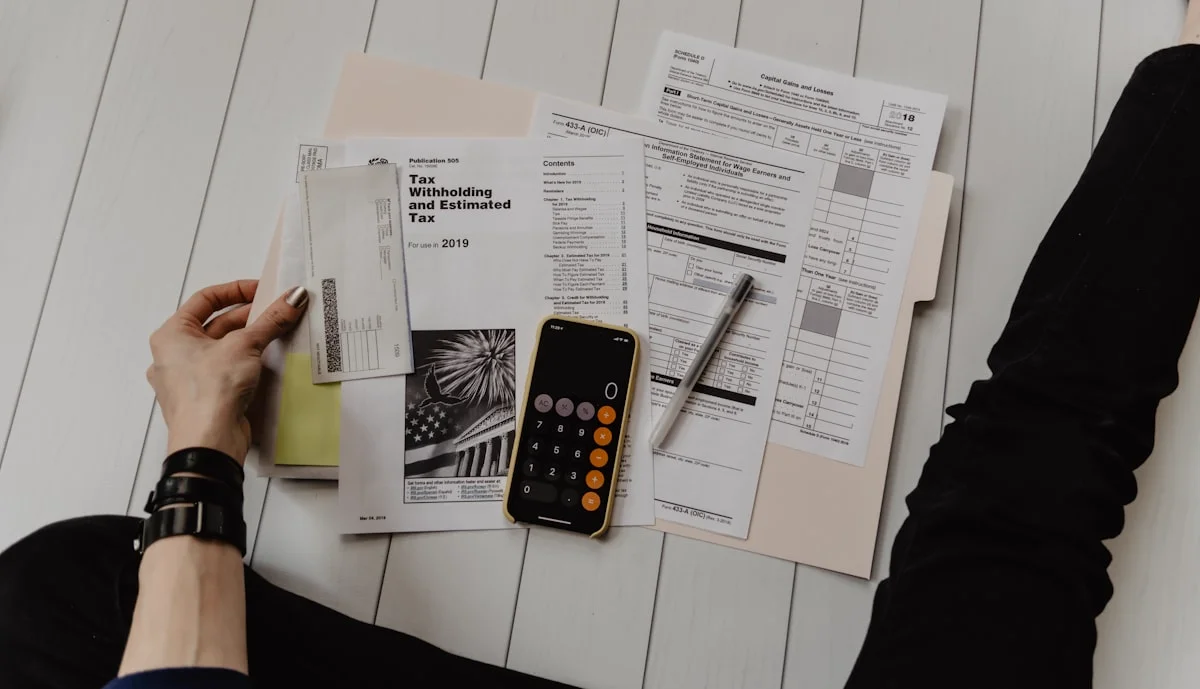 Calculator and financial documents used to compute a property's debt service coverage ratio
