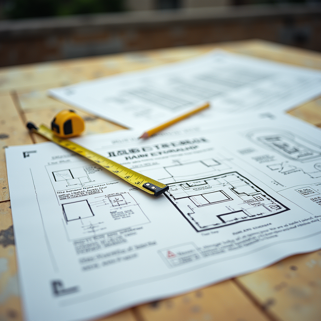 Construction permit drawings and blueprints spread on plywood surface with yellow measuring tape