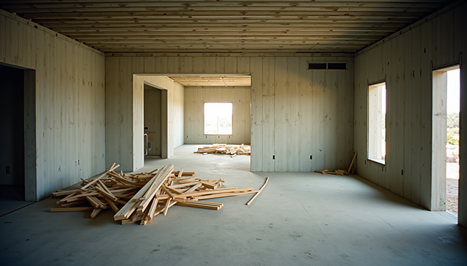 Construction site interior with framing lumber stacked on a concrete foundation