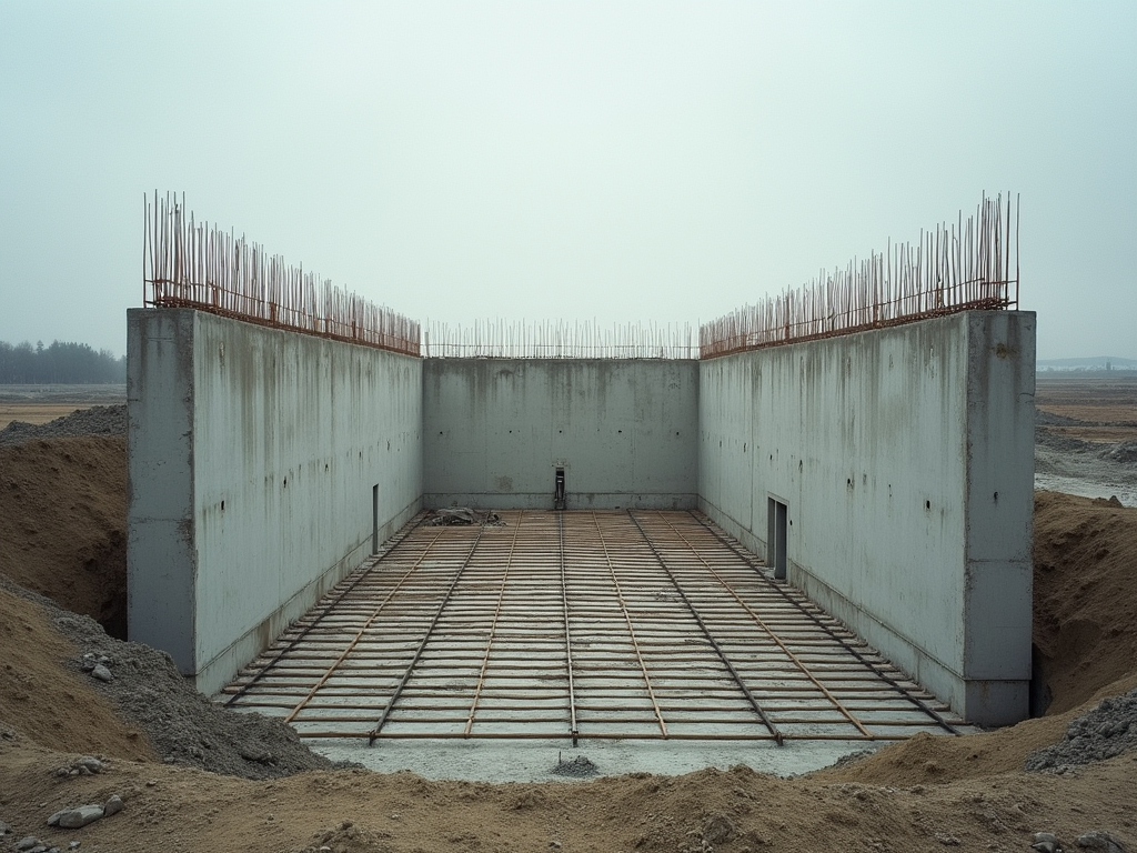 Poured concrete foundation with rebar grid on an investor construction site
