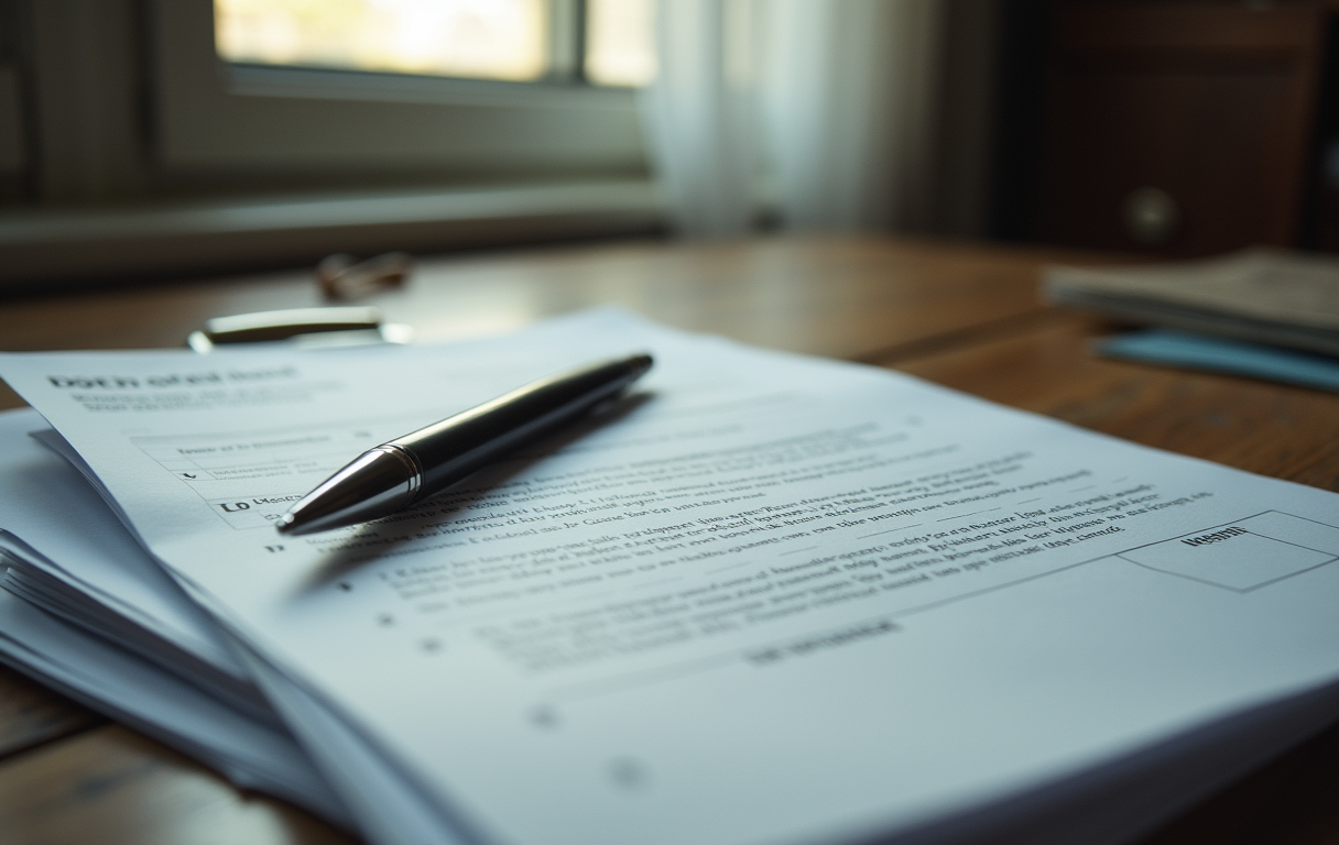 Stack of real estate loan documents on a wooden desk with a pen, soft window light