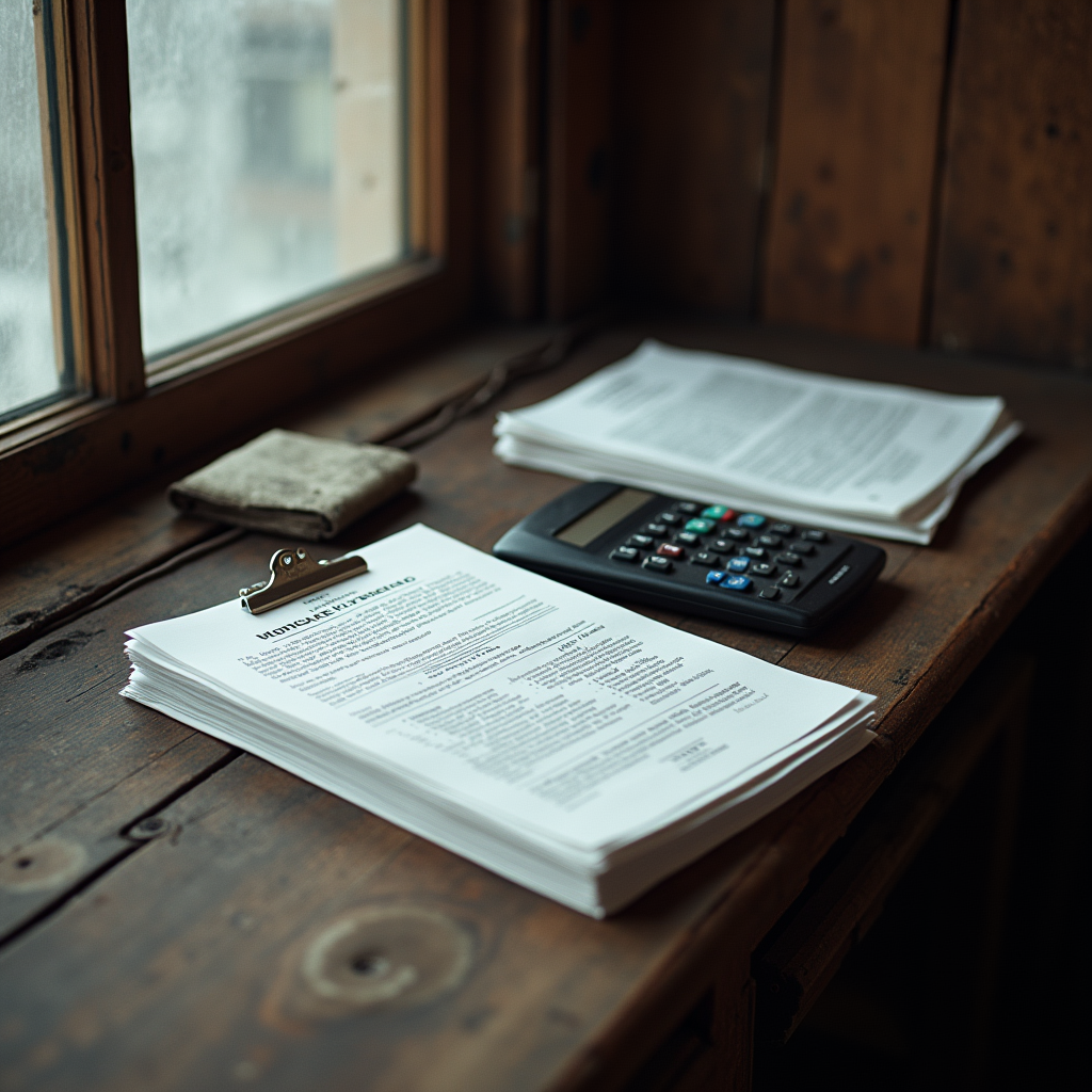 Printed mortgage term sheets and financial calculator on an oak desk beside a window