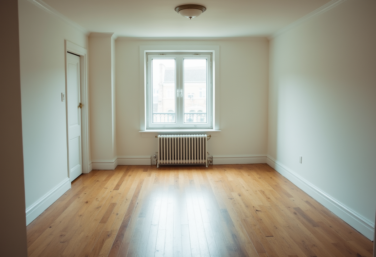 Vacant rental unit interior with bare hardwood floors, natural window light