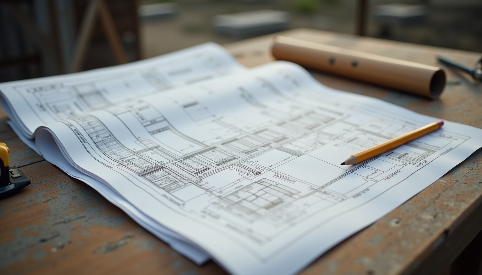 Stack of permit drawings and construction plans on a jobsite table with measuring tape and pencil