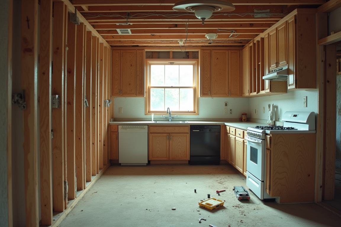 Kitchen interior mid-renovation showing open stud walls and electrical rough-in work in progress