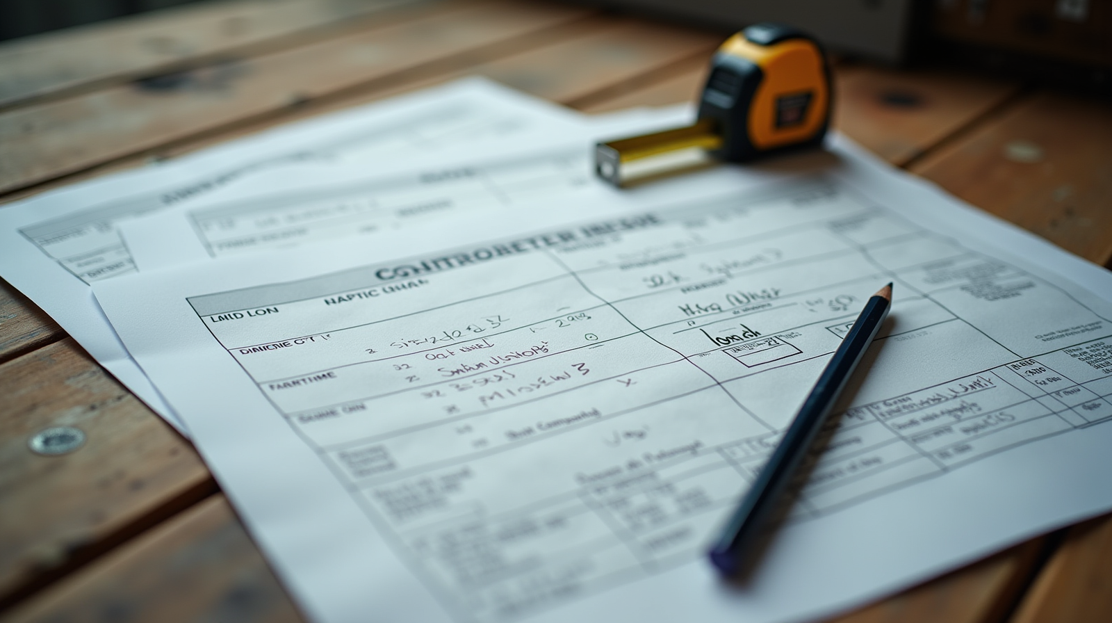 Contractor bid papers and loan documents spread on a worn wooden jobsite table with a pencil and tape measure
