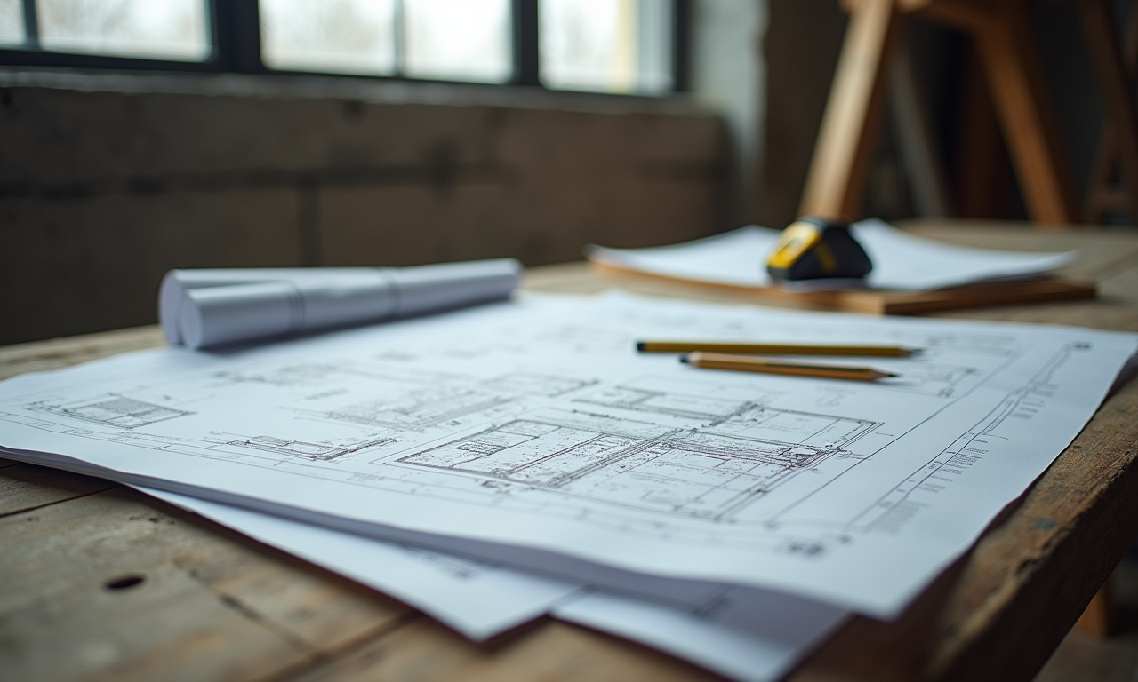 Architectural permit drawings and construction blueprints spread on a jobsite table with pencils and tape measure