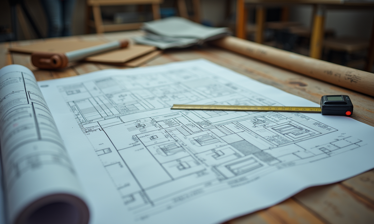 Architectural blueprints and permit documents spread on a contractor worktable with a tape measure