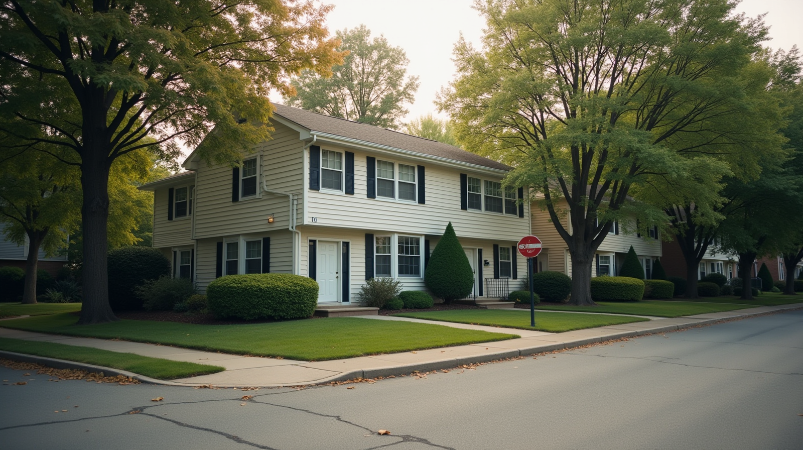 Well-maintained duplex on a suburban street with mature trees