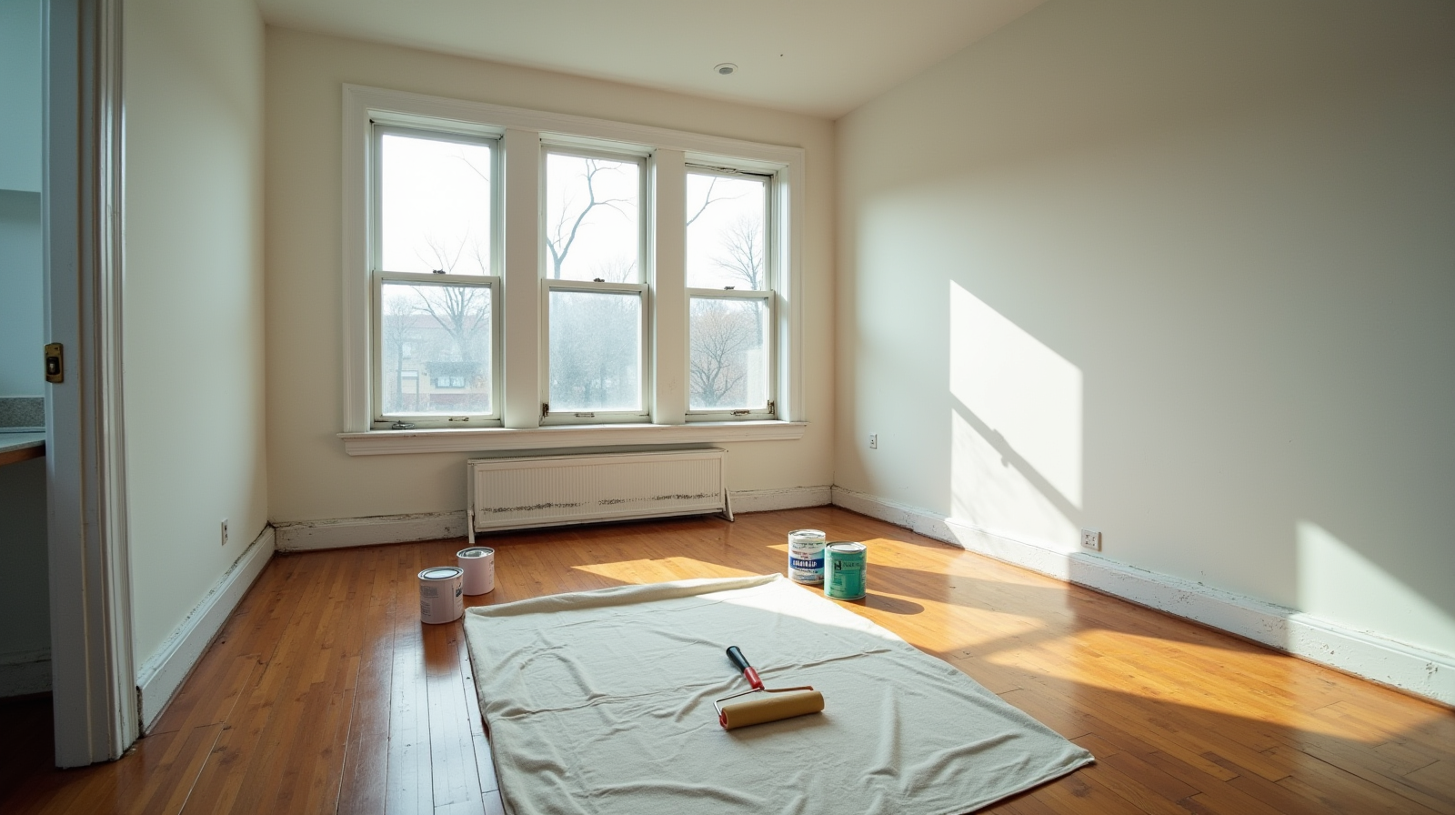 Interior of a rental unit mid-renovation with hardwood floors and paint supplies
