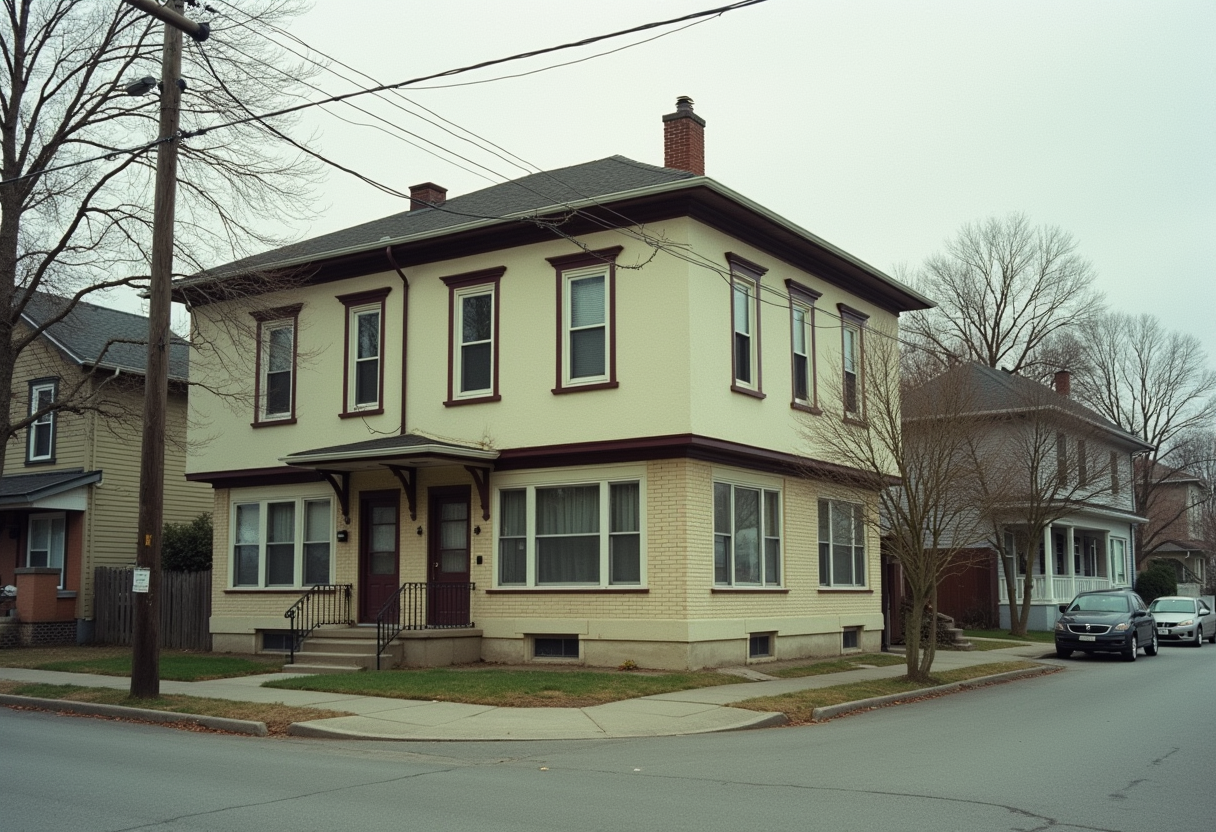 Duplex exterior on a quiet residential street held as an investment property in an LLC